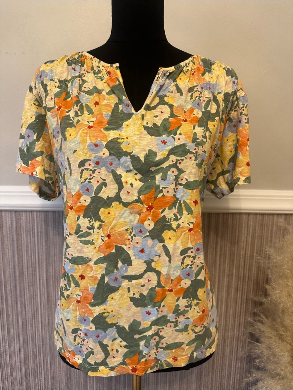 L.L.Bean XL Floral Short Sleeve Slub Knit Tee Top Cottagecore Garden Print